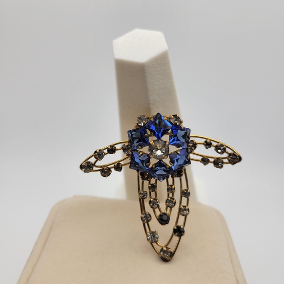 Vintage MCM M&S Gold Filled Cobalt Blue & White Rhinestones Brooch Pin - Picture 5 of 15